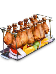 14-Slot Stainless Steel Chicken Leg Rack with Drip Tray for Grill or Smoker