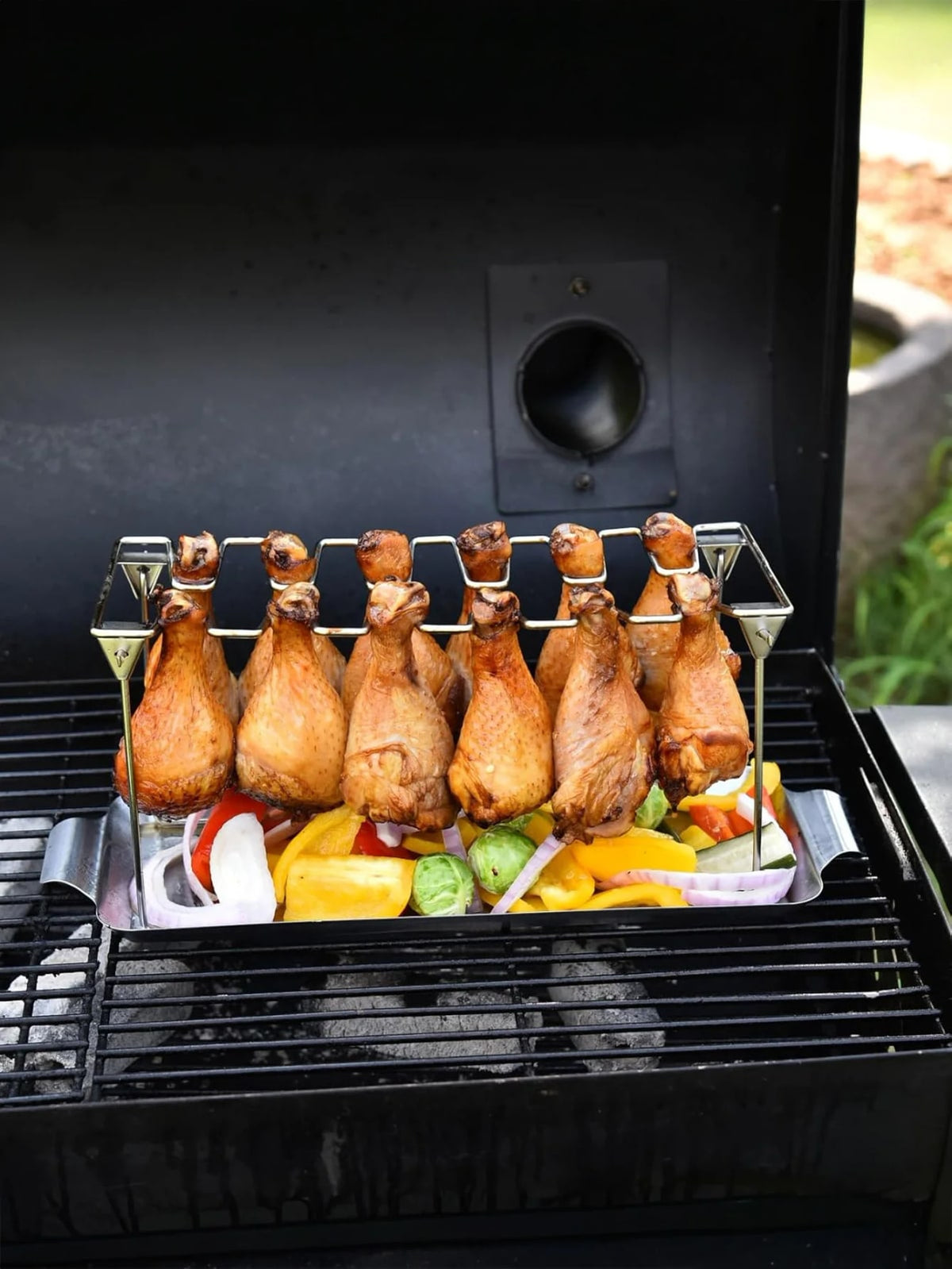 14-Slot Stainless Steel Chicken Leg Rack with Drip Tray for Grill or Smoker