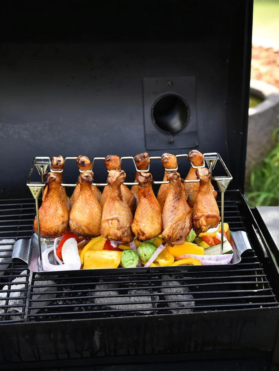 14-Slot Stainless Steel Chicken Leg Rack with Drip Tray for Grill or Smoker