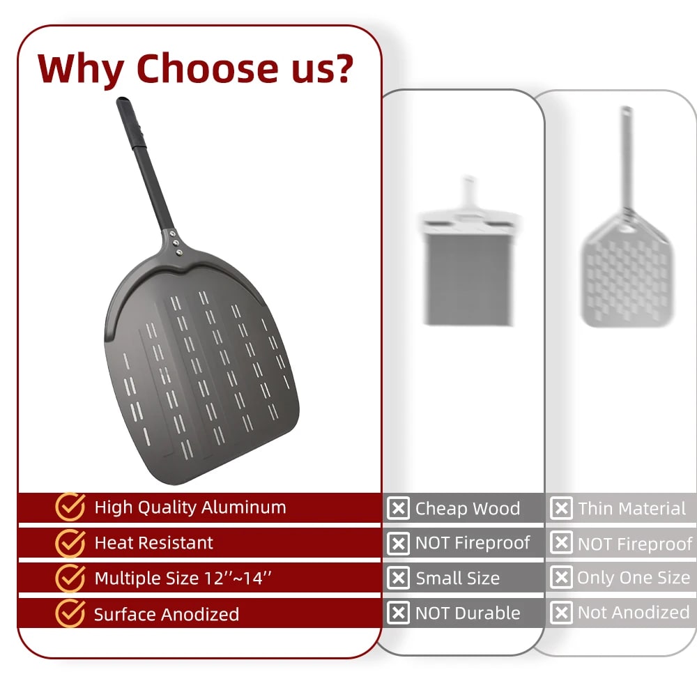 Aluminium Pizza Peel with Long Handle, Perforated Turner, 7, 12, 13 or 14 Inch