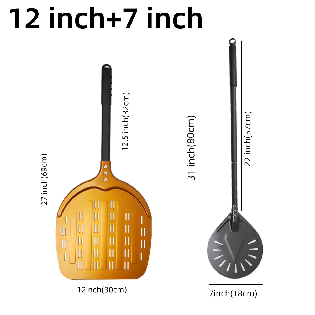 Aluminium Pizza Peel with Long Handle, Perforated Turner, 7, 12, 13 or 14 Inch - gold 7 12 inch set