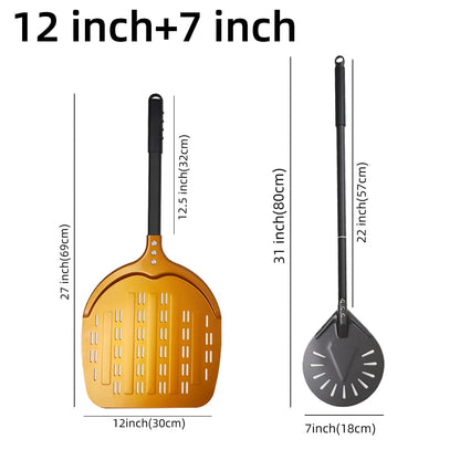 Aluminium Pizza Peel with Long Handle, Perforated Turner, 7, 12, 13 or 14 Inch - gold 7 12 inch set