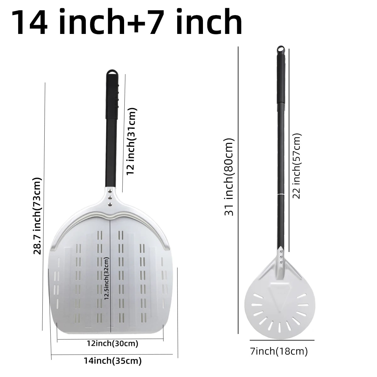 Aluminium Pizza Peel with Long Handle, Perforated Turner, 7, 12, 13 or 14 Inch - silver 7 14 inch set