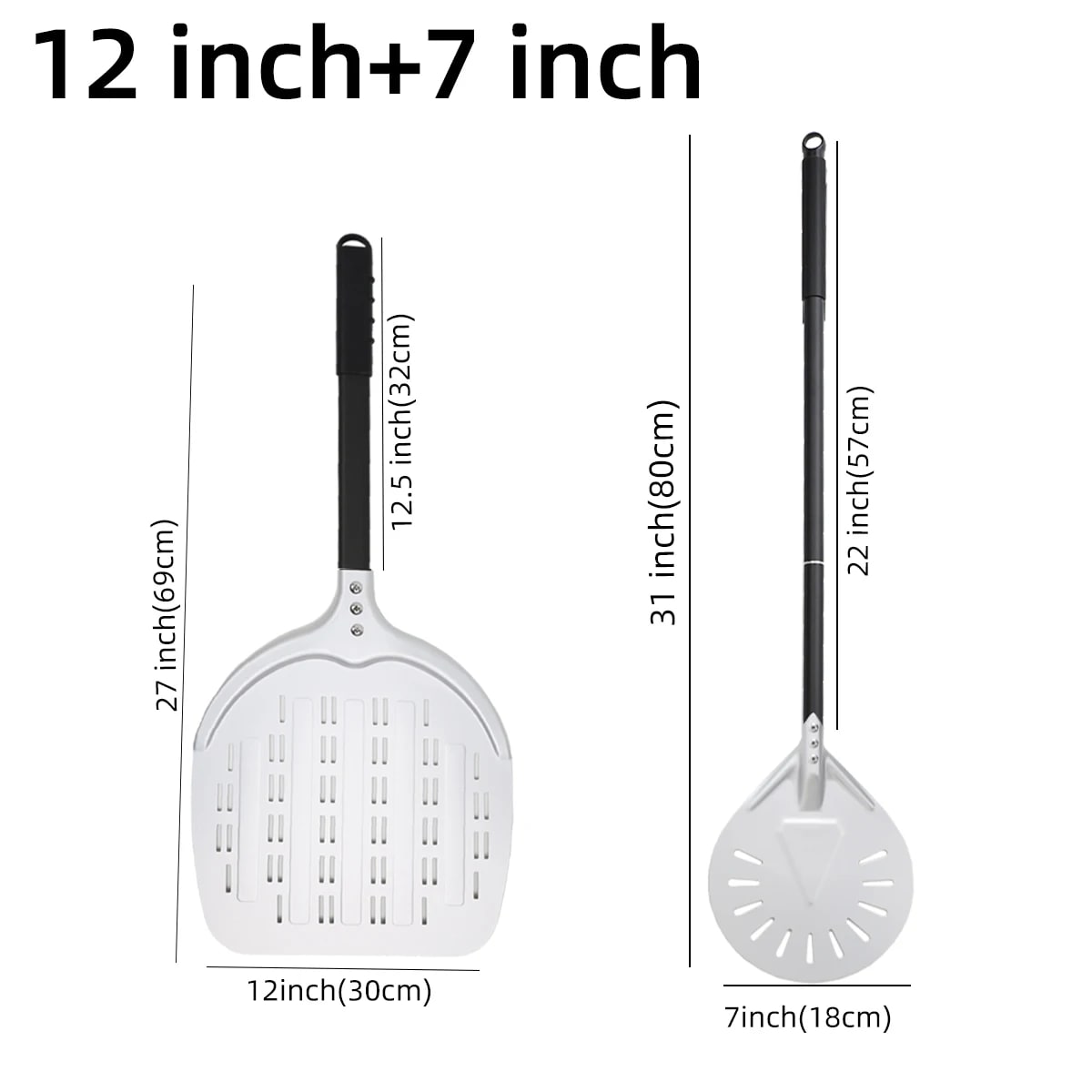 Aluminium Pizza Peel with Long Handle, Perforated Turner, 7, 12, 13 or 14 Inch - silver 7 12 inch set