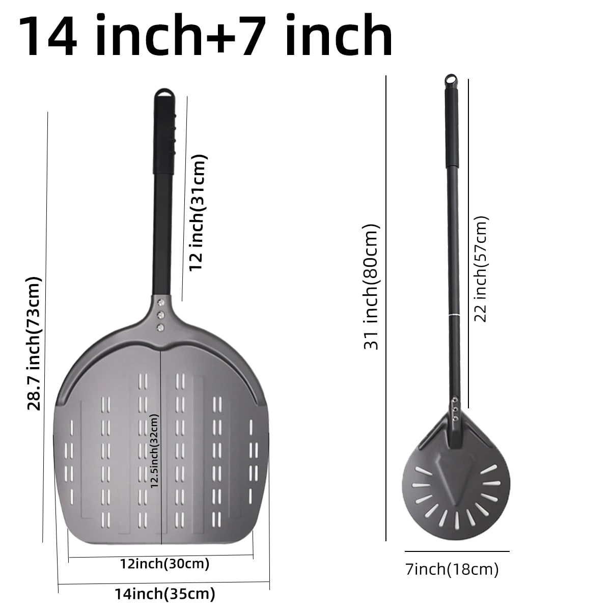 Aluminium Pizza Peel with Long Handle, Perforated Turner, 7, 12, 13 or 14 Inch - dark 7 14 inch set
