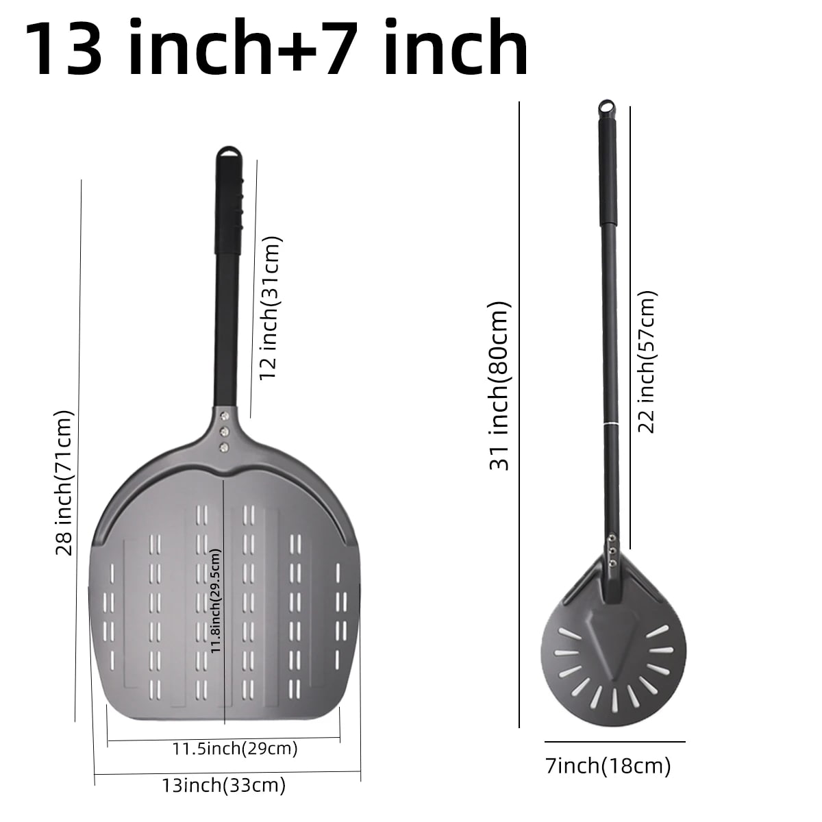 Aluminium Pizza Peel with Long Handle, Perforated Turner, 7, 12, 13 or 14 Inch - dark 7 13 inch set