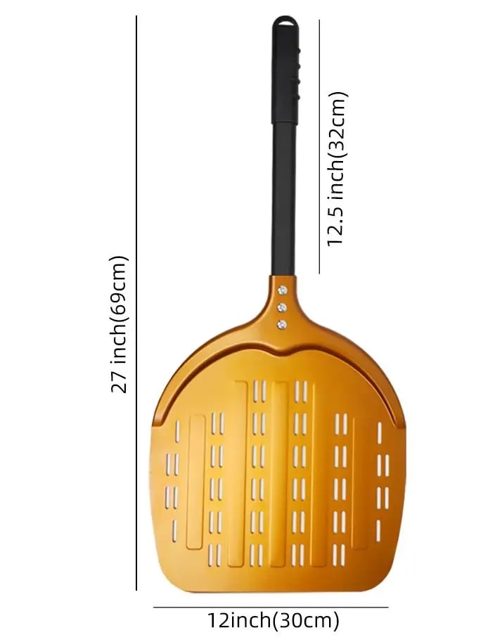 Aluminium Pizza Peel with Long Handle, Perforated Turner, 7, 12, 13 or 14 Inch - gold 12 inch 69cm