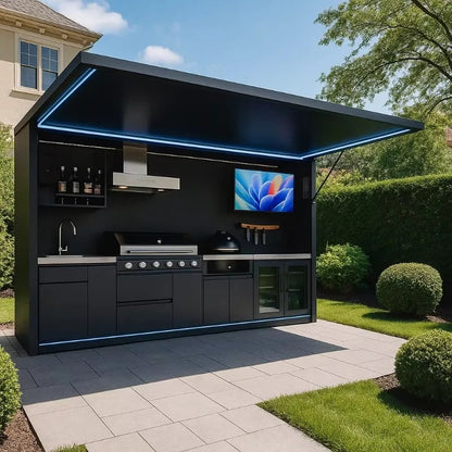 Black Stainless Steel Outdoor Kitchen Pod for Gas Grills, 2500-3500mm Wide