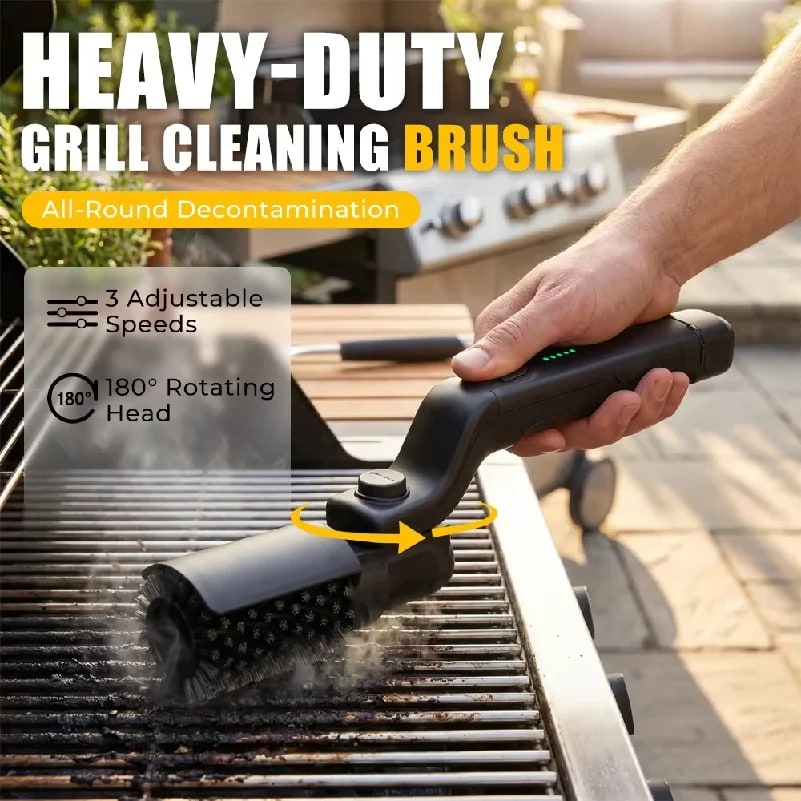 Electric BBQ Grill Cleaning Brush, USB Rechargeable, 3 Speeds, IPX7, Black