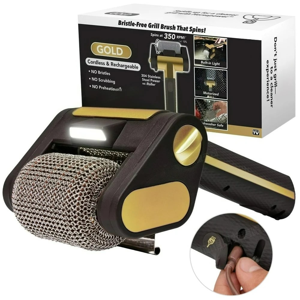 Rechargeable Electric BBQ Grill Brush, 304 Stainless Steel Roller, LED Light, SKS-01