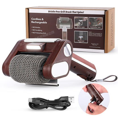 Rechargeable Electric BBQ Grill Brush, 304 Stainless Steel Roller, LED Light, SKS-01 - Brown with 1 roller