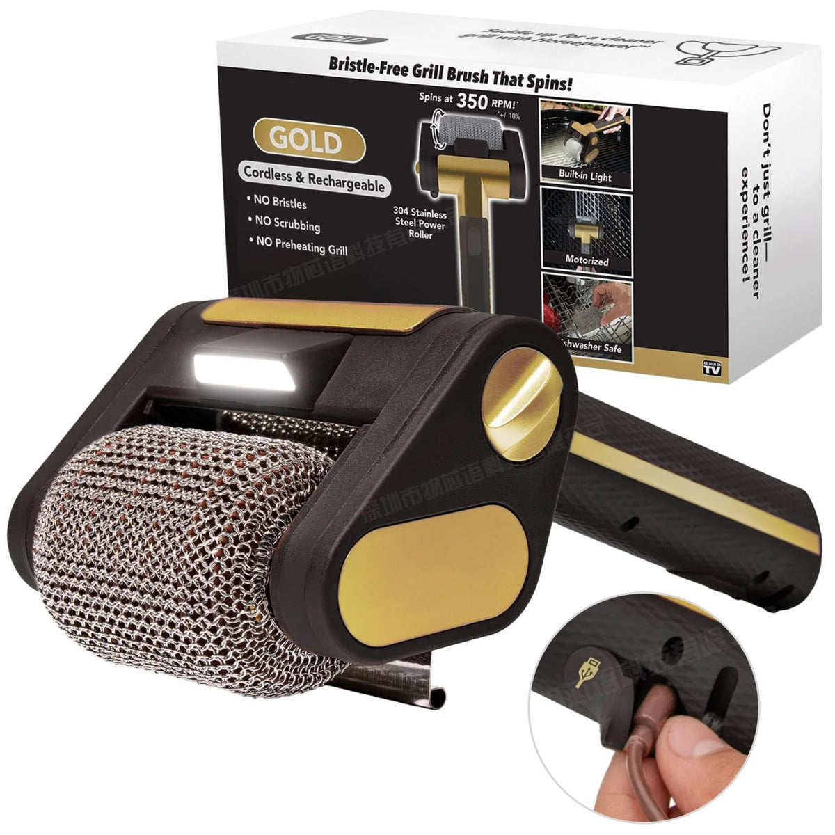 Rechargeable Electric BBQ Grill Brush, 304 Stainless Steel Roller, LED Light, SKS-01 - Black with 1 roller