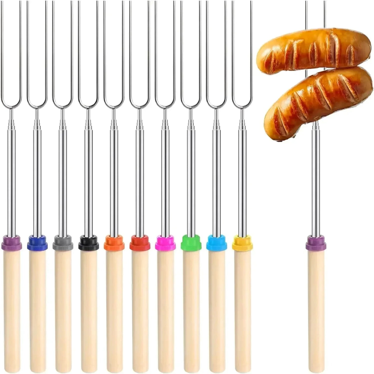 Telescopic BBQ Forks, Metal Roasting Sticks for Marshmallows and Sausages - 10Pcs