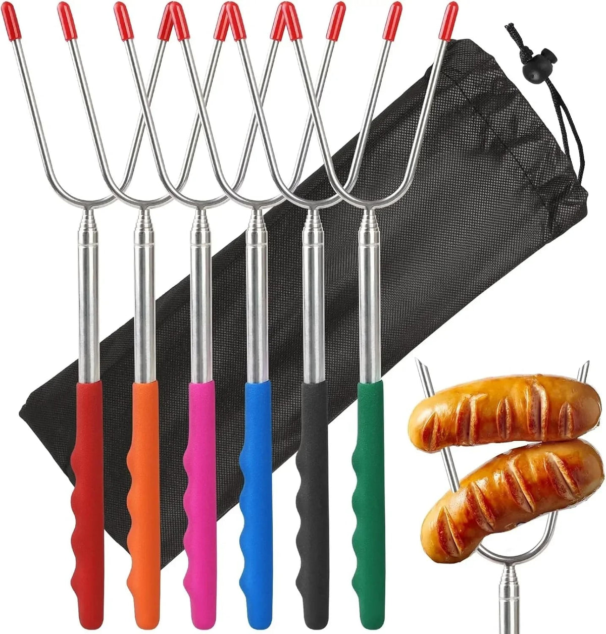 Telescopic BBQ Forks, Metal Roasting Sticks for Marshmallows and Sausages - 6Pcs