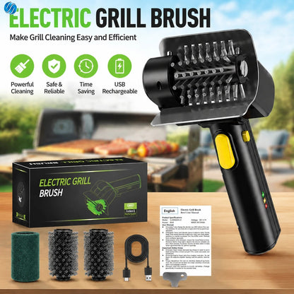 Rechargeable Electric Grill Brush, 2000mAh, 1100RPM, 304 Stainless Steel, 1/2/3 Heads