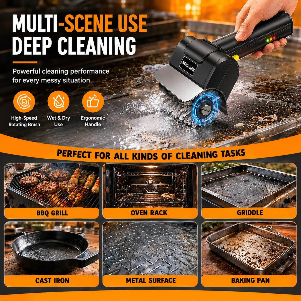 Rechargeable Electric Grill Brush, 2000mAh, 1100RPM, 304 Stainless Steel, 1/2/3 Heads