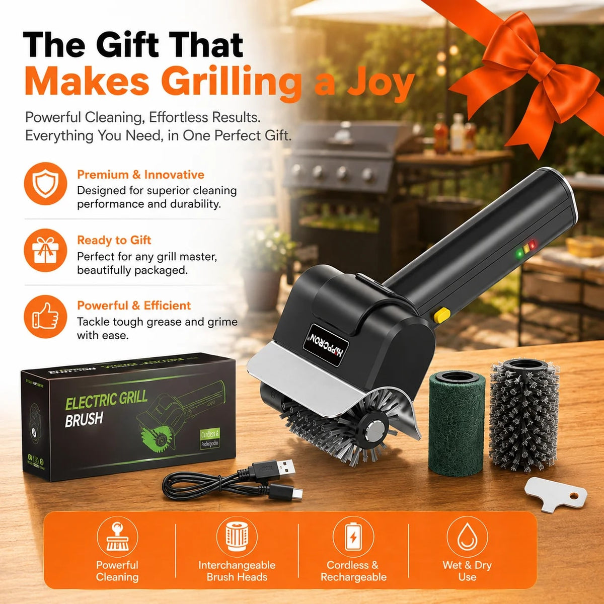 Rechargeable Electric Grill Brush, 2000mAh, 1100RPM, 304 Stainless Steel, 1/2/3 Heads