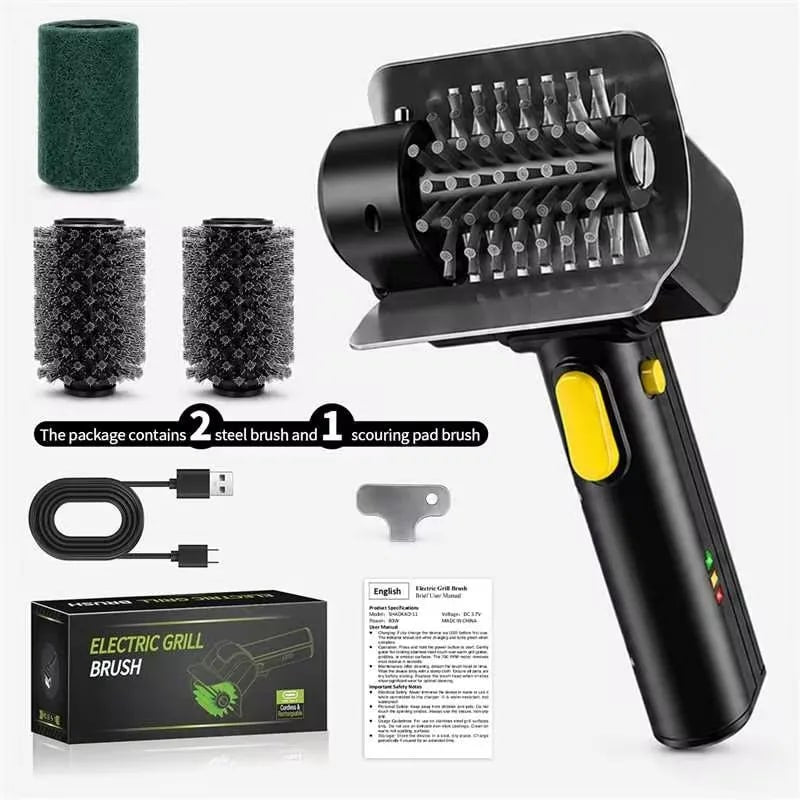 Rechargeable Electric Grill Brush, 2000mAh, 1100RPM, 304 Stainless Steel, 1/2/3 Heads - 3 brush heads