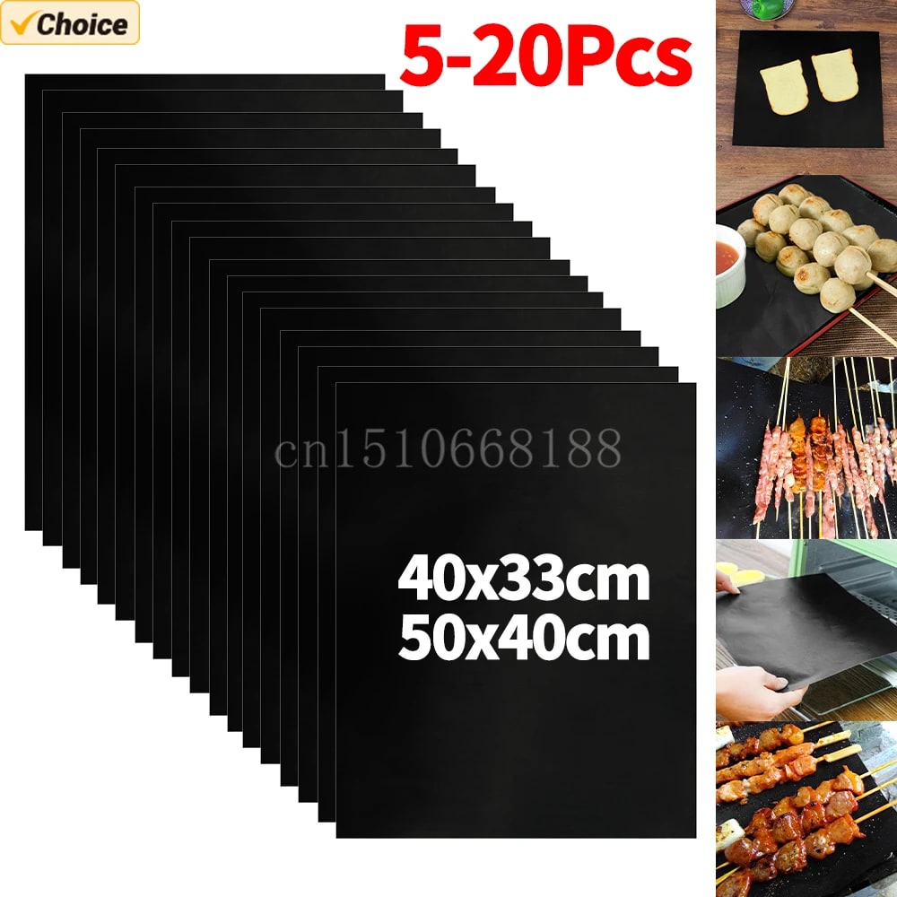 BBQ Grill Mats, Glass Fibre Fabric, 33 x 40cm or 50 x 40cm, Black, 5-20 Pieces
