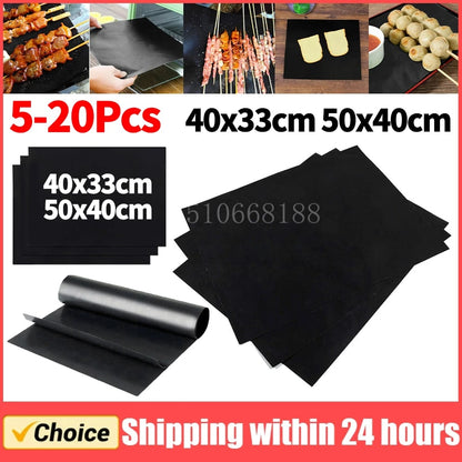 BBQ Grill Mats, Glass Fibre Fabric, 33 x 40cm or 50 x 40cm, Black, 5-20 Pieces