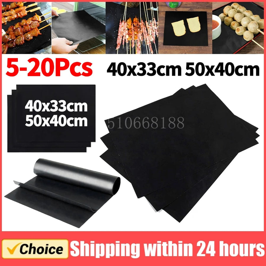 BBQ Grill Mats, Glass Fibre Fabric, 33 x 40cm or 50 x 40cm, Black, 5-20 Pieces