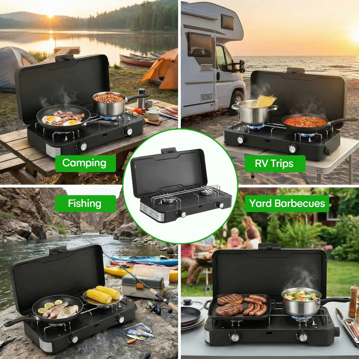 2-Burner Portable Propane Camping Stove, 6kW, Foldable Metal