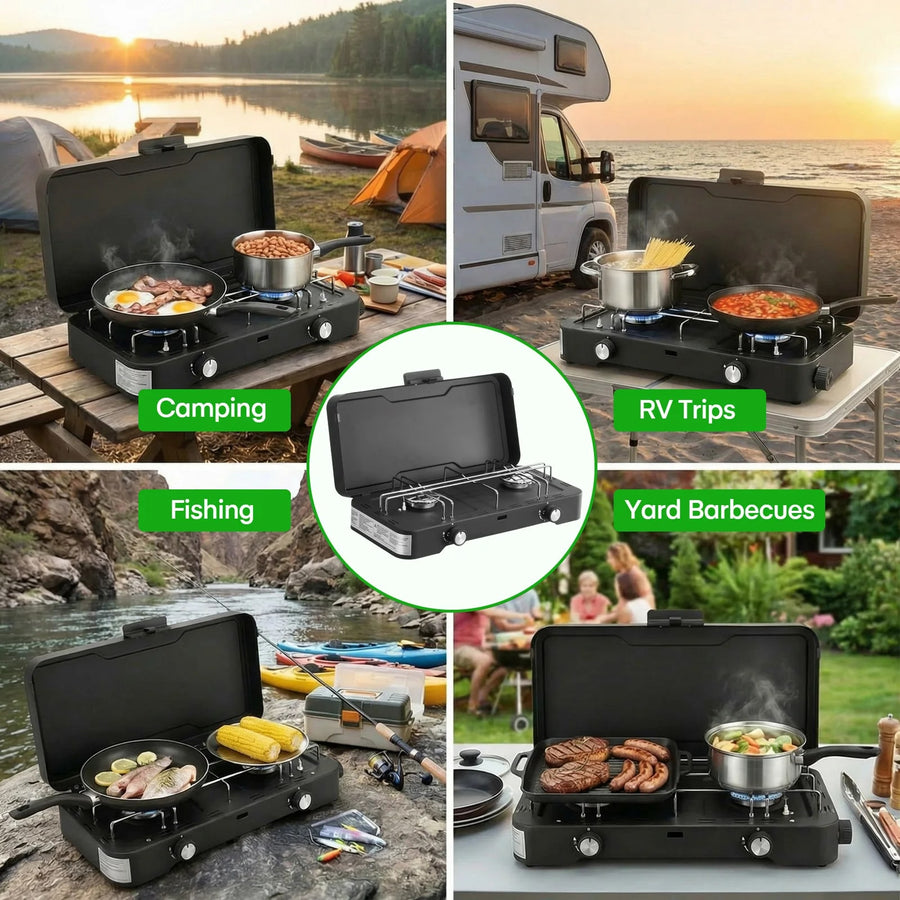 2-Burner Portable Propane Camping Stove, 6kW, Foldable Metal