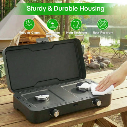 2-Burner Portable Propane Camping Stove, 6kW, Foldable Metal