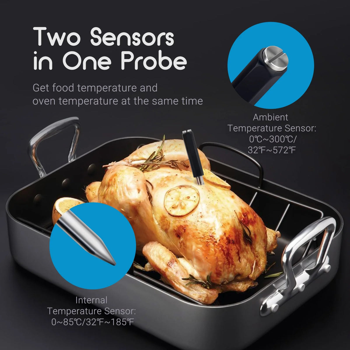 Wireless Bluetooth Meat Thermometer with App Monitoring, Dual Sensors for Oven, Grill and Smoker