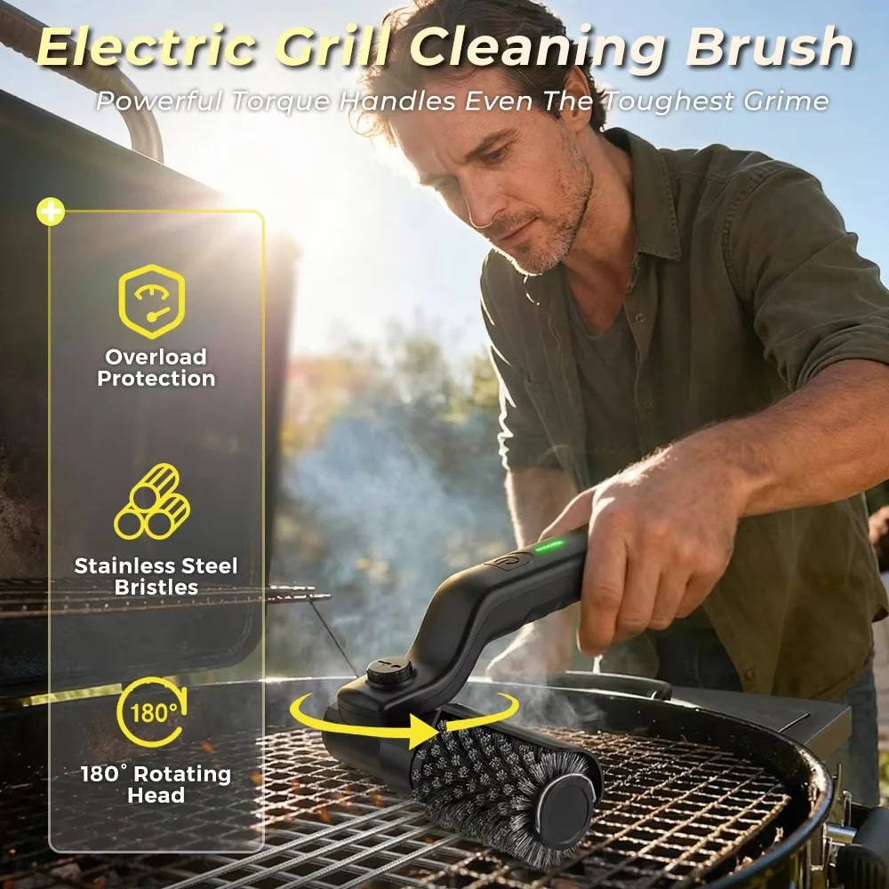 Electric BBQ Grill Brush, 3-Speed Cordless Cleaner with 180° Head and 2600mAh Battery