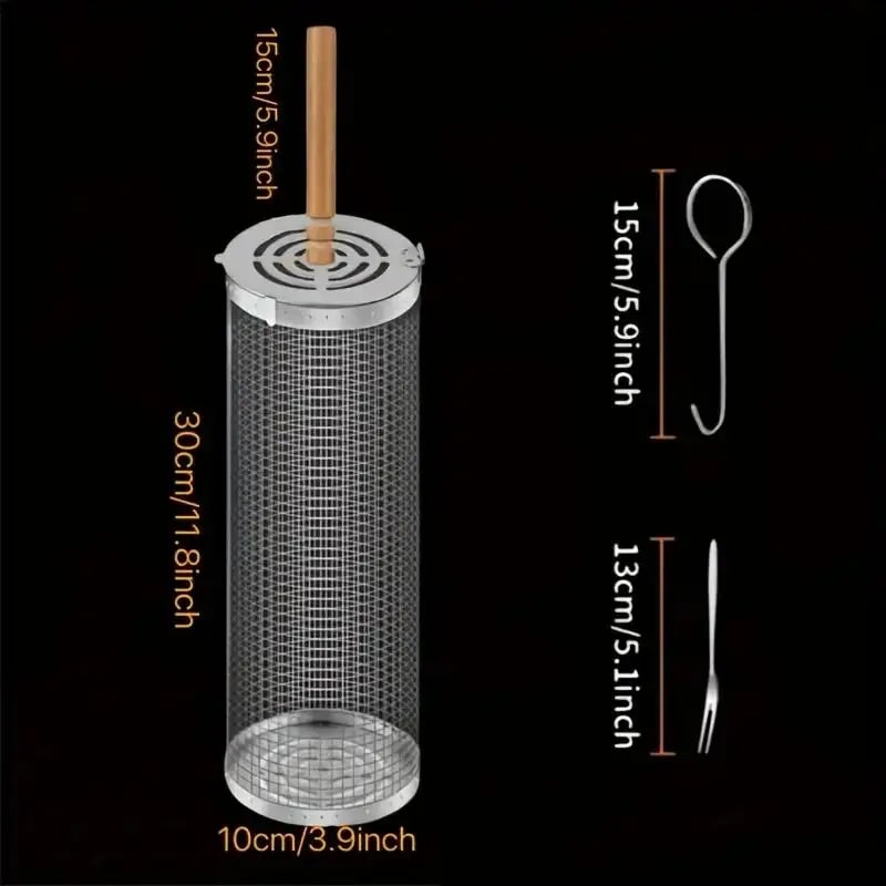 Stainless Steel Rolling BBQ Grill Basket, Cylindrical Wire Mesh Cage, M or L