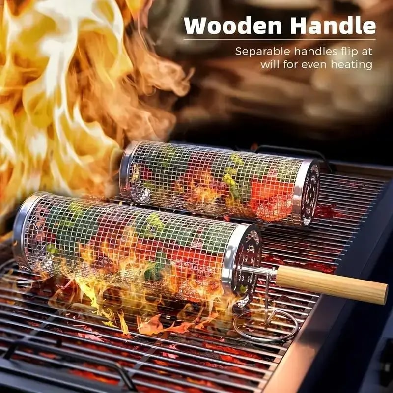 Stainless Steel Rolling BBQ Grill Basket, Cylindrical Wire Mesh Cage, M or L
