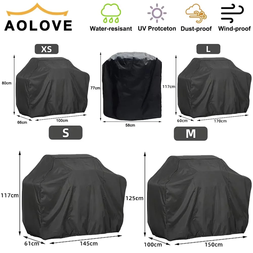 Outdoor BBQ Cover, Waterproof Plastic Grill Cover, Black or Grey, Multiple Sizes