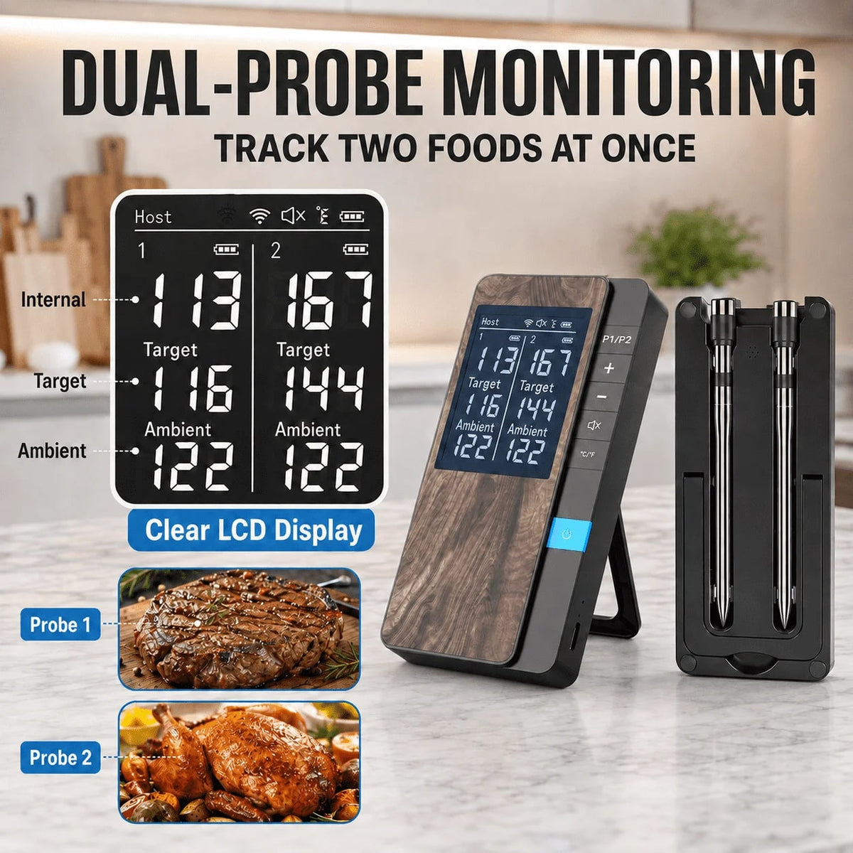 Wireless Meat Thermometer with Bluetooth App, LCD Host and 1/2/4 Probes