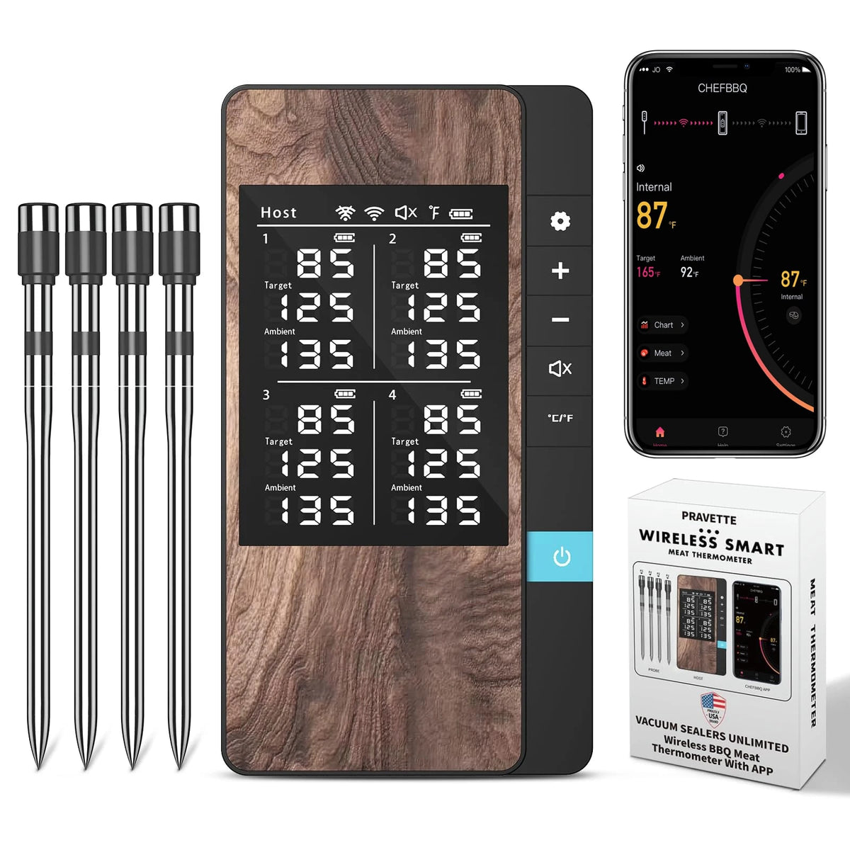 Wireless Meat Thermometer with Bluetooth App, LCD Host and 1/2/4 Probes - 4 Probe