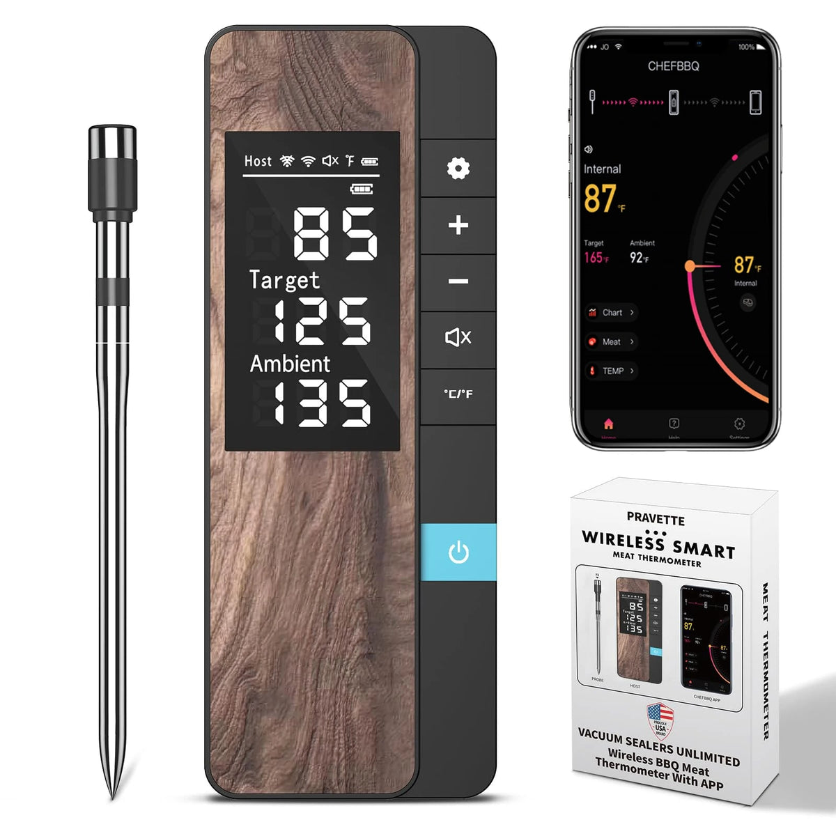 Wireless Meat Thermometer with Bluetooth App, LCD Host and 1/2/4 Probes - 1 Probe