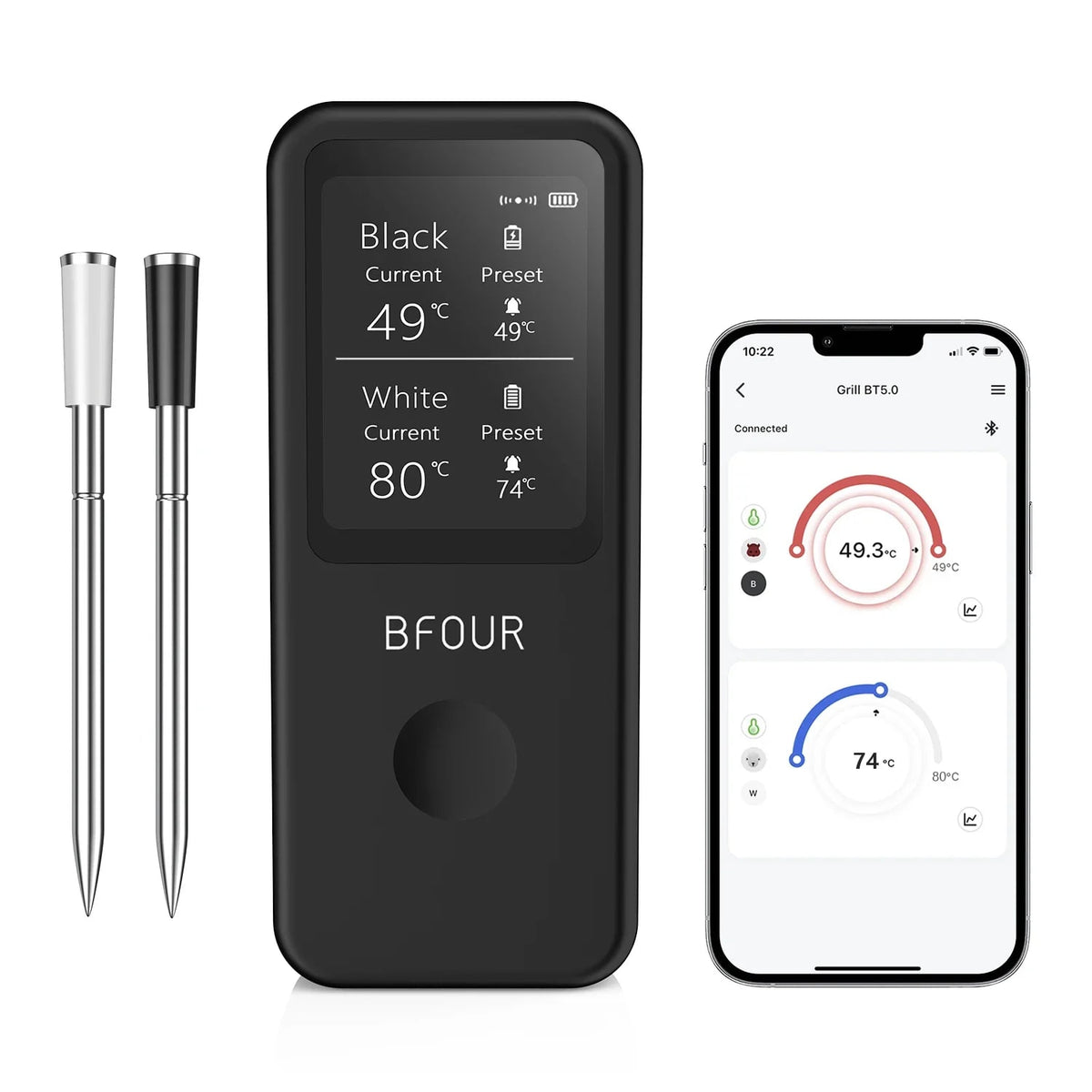 Wireless Meat Thermometer BF-60 with Bluetooth App, HD Display and Waterproof Probe