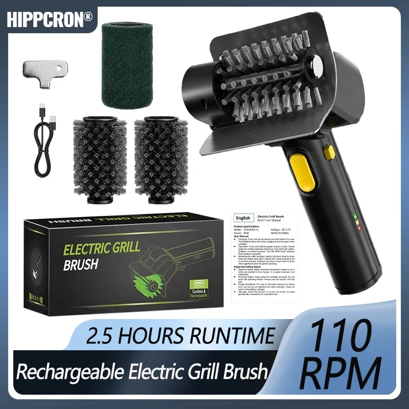 Hippcron Electric Grill Brush, Rechargeable 304 Stainless Steel, 2.5 Hour Runtime