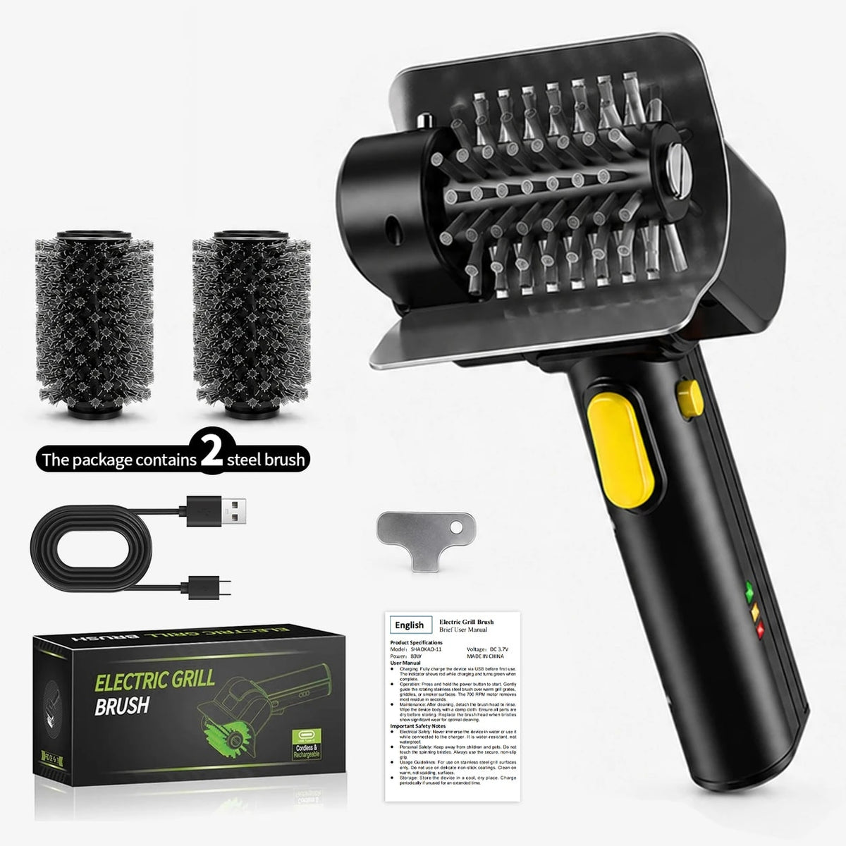 Hippcron Electric Grill Brush, Rechargeable 304 Stainless Steel, 2.5 Hour Runtime - 2 brush heads
