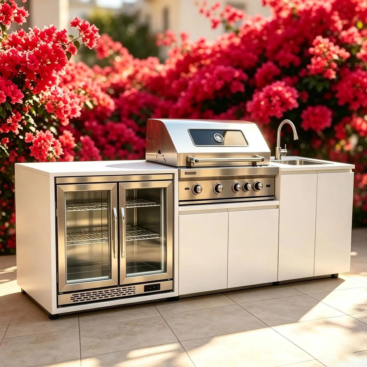 304 Stainless Steel Outdoor Kitchen with BBQ, Fridge, Grill Cooktop and Sink, 2.37m
