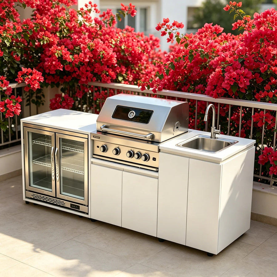 304 Stainless Steel Outdoor Kitchen with BBQ, Fridge, Grill Cooktop and Sink, 2.37m