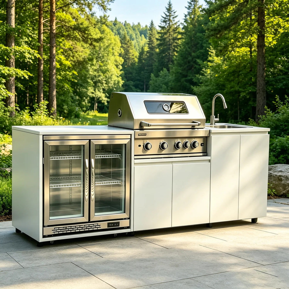 304 Stainless Steel Outdoor Kitchen with BBQ, Fridge, Grill Cooktop and Sink, 2.37m