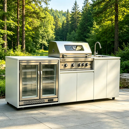 304 Stainless Steel Outdoor Kitchen with BBQ, Fridge, Grill Cooktop and Sink, 2.37m