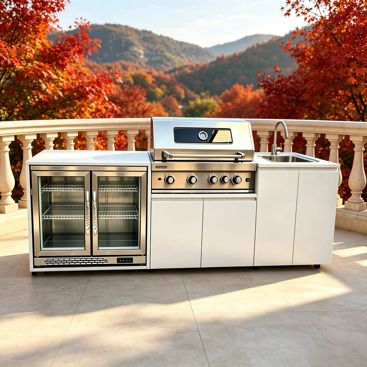 304 Stainless Steel Outdoor Kitchen with BBQ, Fridge, Grill Cooktop and Sink, 2.37m