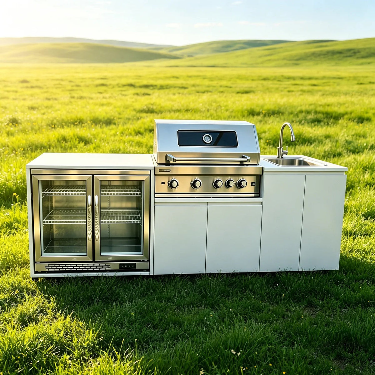 304 Stainless Steel Outdoor Kitchen with BBQ, Fridge, Grill Cooktop and Sink, 2.37m
