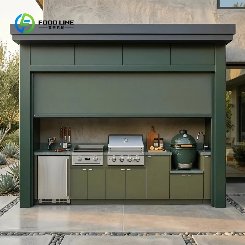 Stainless Steel Outdoor Kitchen Pod Shed with Roller Shutter Modular BBQ Cabinets