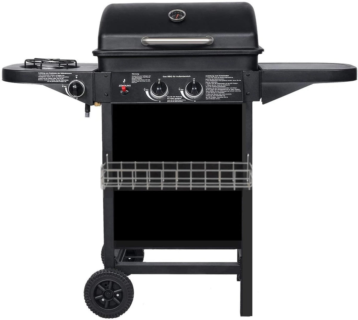 Outdoor Gas BBQ Grill, 2 Burners with Side Burner, Trolley, Warming Rack, 110 x 50 x 100cm