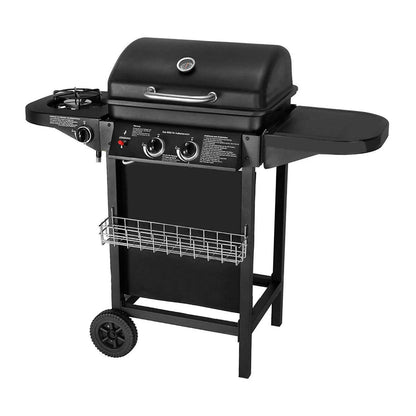 Outdoor Gas BBQ Grill, 2 Burners with Side Burner, Trolley, Warming Rack, 110 x 50 x 100cm