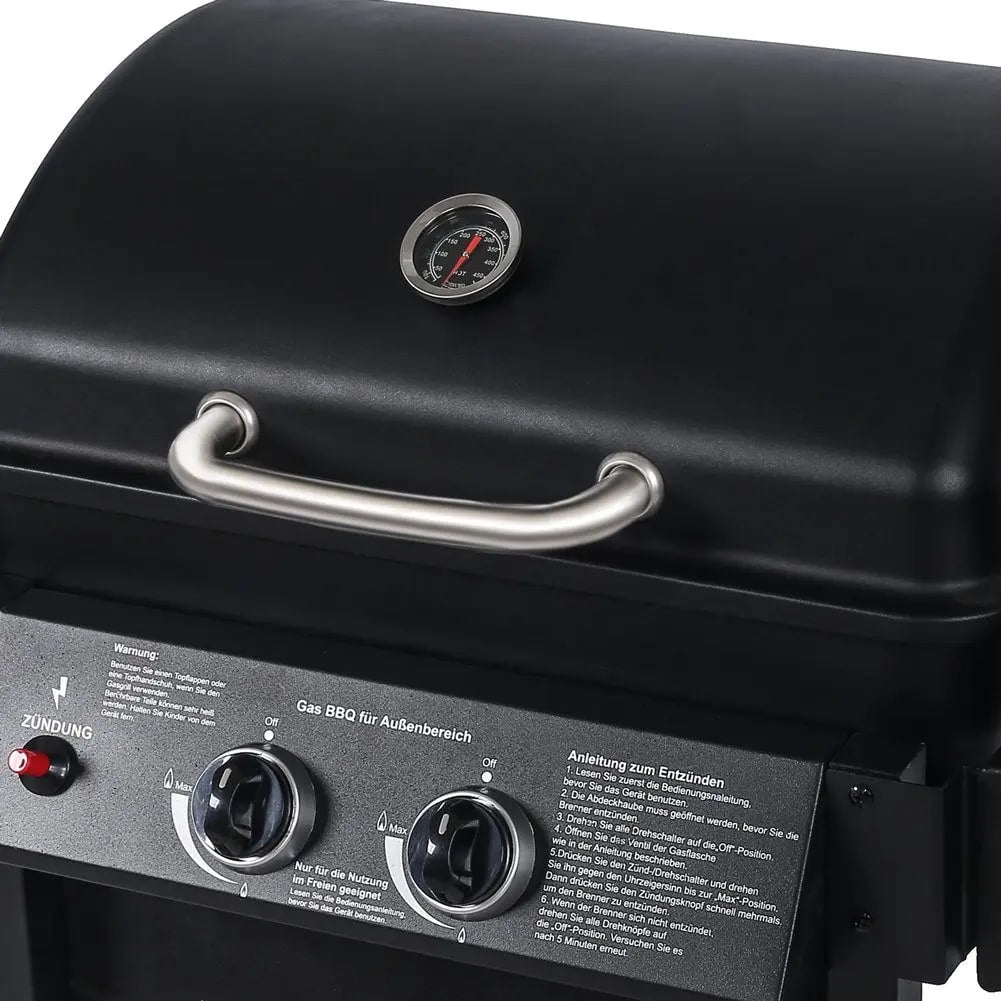Outdoor Gas BBQ Grill, 2 Burners with Side Burner, Trolley, Warming Rack, 110 x 50 x 100cm