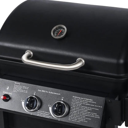 Outdoor Gas BBQ Grill, 2 Burners with Side Burner, Trolley, Warming Rack, 110 x 50 x 100cm